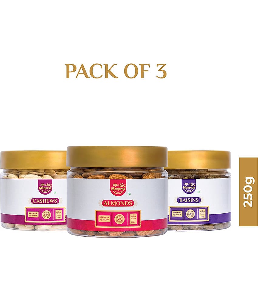 Manpras Premium Dryfruit Combo Cashew,Almond,Raisin- 250gm Each.