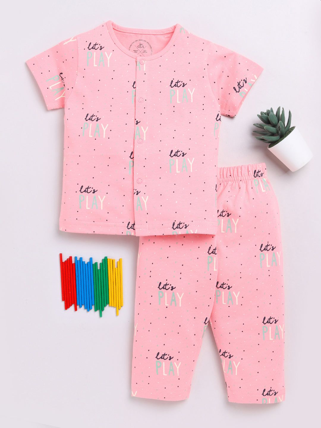 Pink Typography Half Sleeve Night Suit-3-6 m