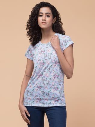 Hive91 Sky Blue Floral Cotton Womens T-shirt -Stylish & Comfortable XXL