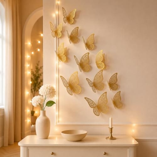 Wall Stickers | Beautiful Decor (Shimmer Golden, Set of 12), Kraft Paper, Reusable