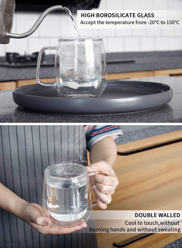 Femora Double Wall Crystal Glass Tea Cup Coffee Mug - 290 ML, Set of 2