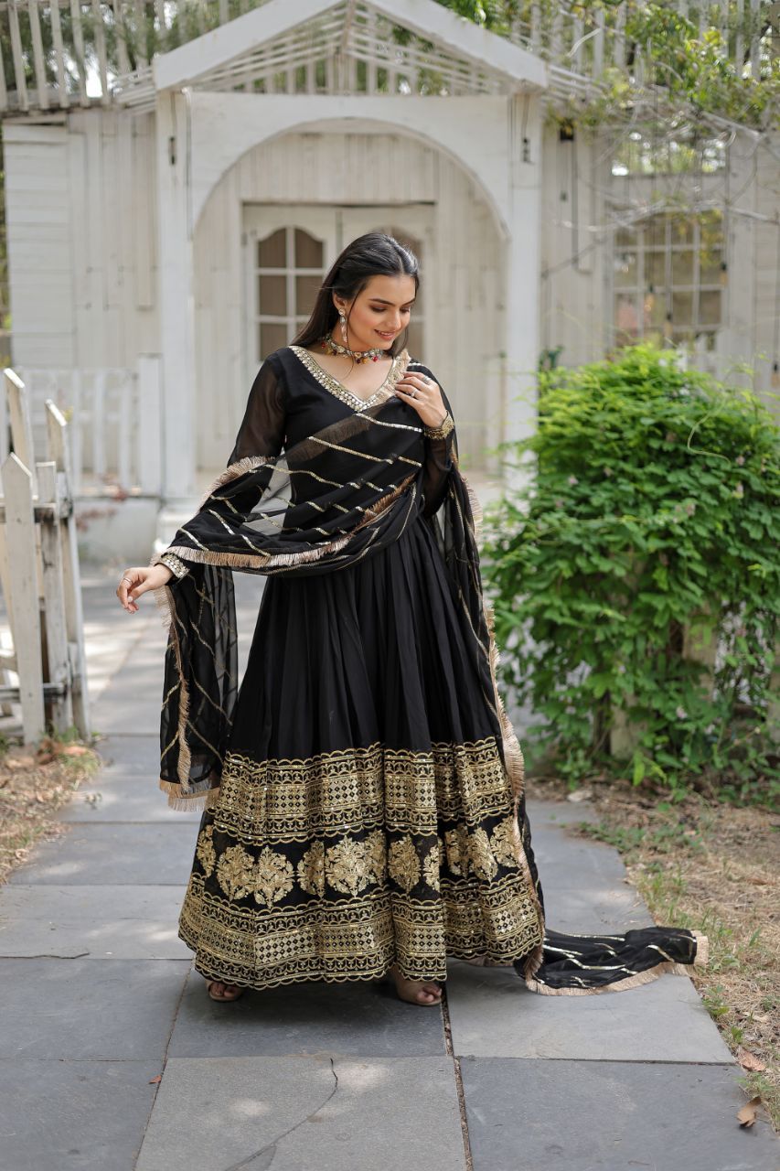 *Faux Blooming Gown with Dupatta With Attractive Embroidered Sequins work with Lace Border.-M