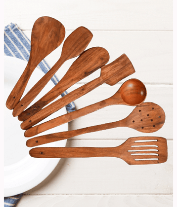 VillWin Wooden Serving & Cooking Spoon Set of 7, Handmade Wooden Spatula Set for Cooking, Non Stick Kitchen Tools, Turner, Ladle, Pasta & Frying Spoon, Natural Cookware