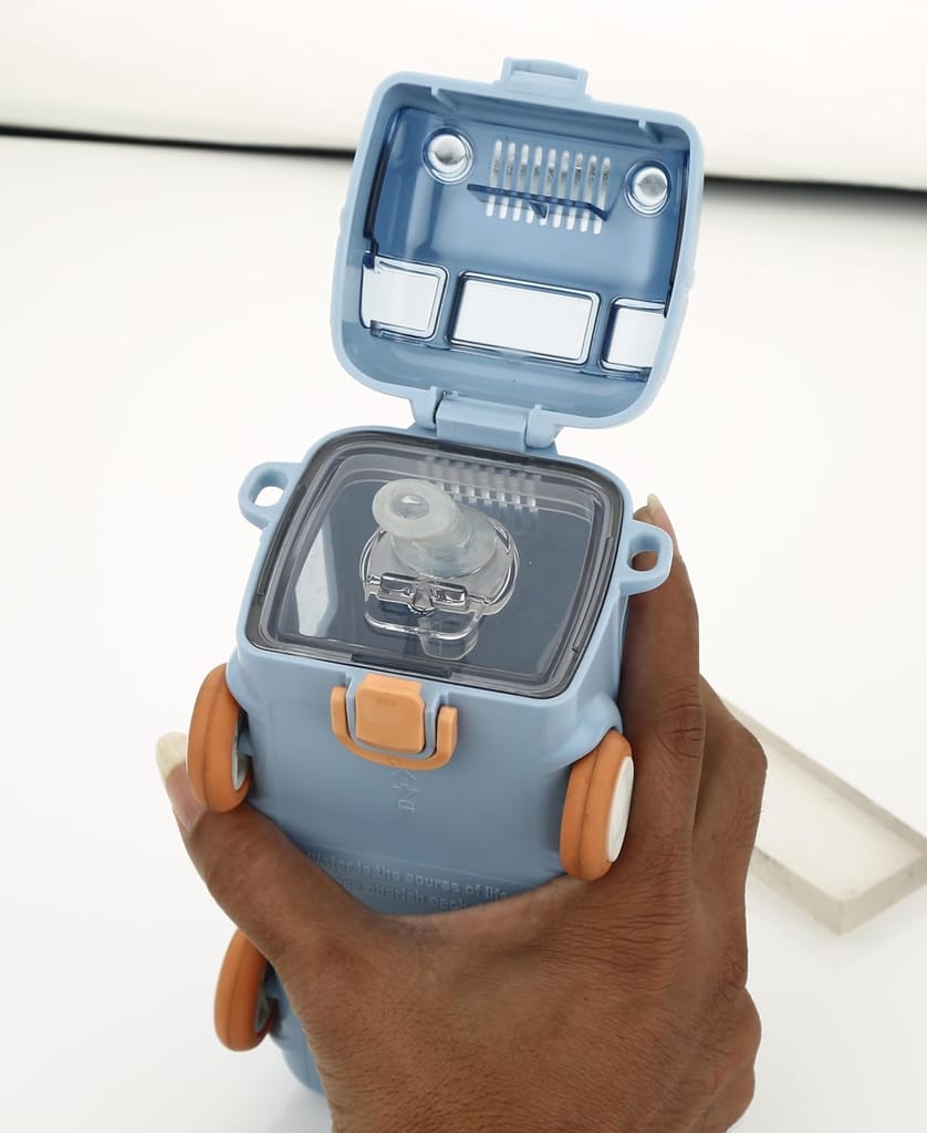 Bus Water Bottle With Strap For Kids, Leakproof Bpa Free Food Grade Bus Shaped With Movable Wheels Drinking Picnic Bottle With Straw, Sipper Bottle For Girls Boys, 500Ml, Blue - Silicone