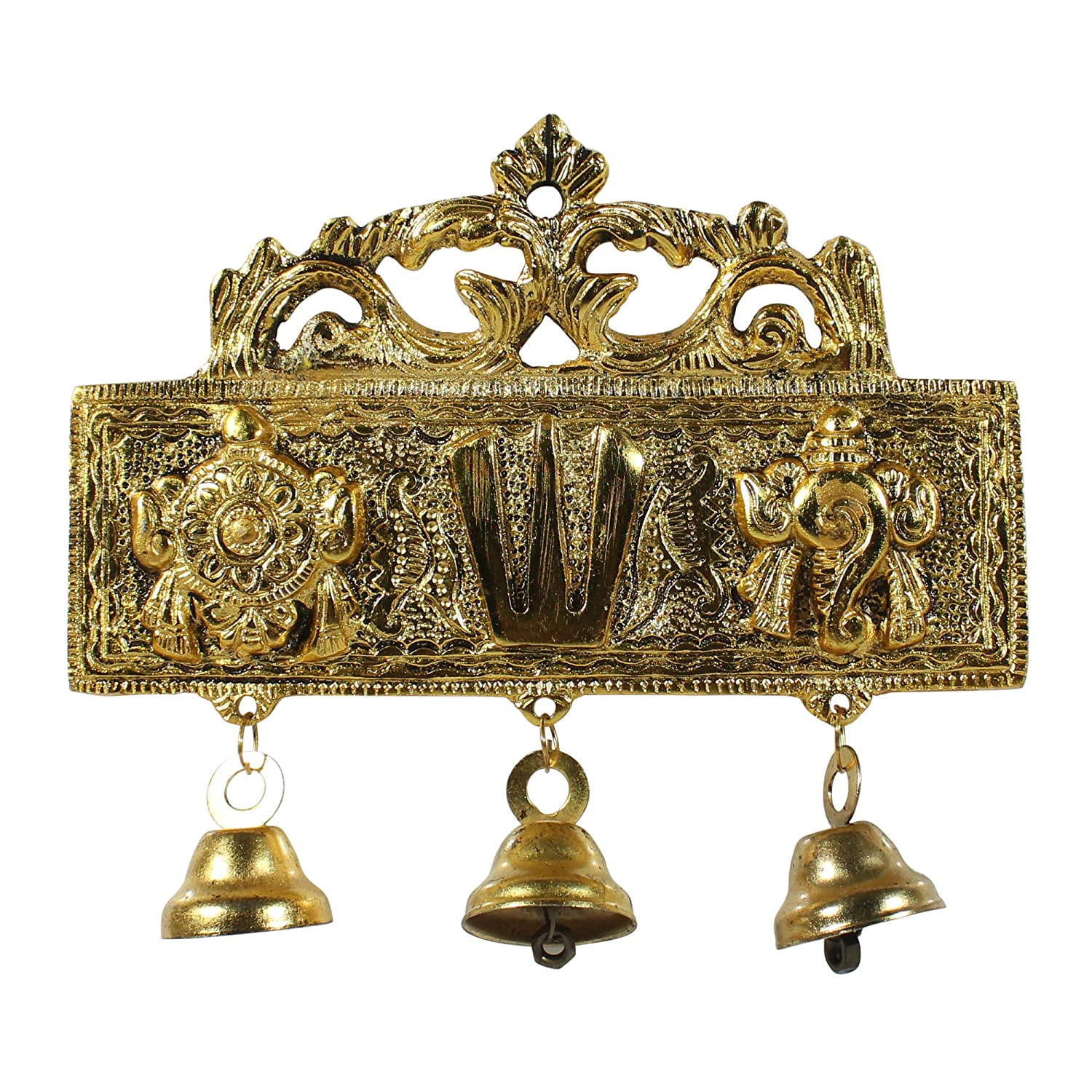Dreamkraft White Metal Antique Finish Wall Hanging Tirupati Balaji Vishnu Shankh Chakra Namah with Bell (Golden - 18 x 3 x 15 cm )