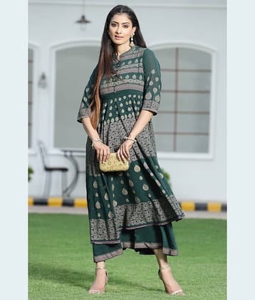 Juniper Women Georgette Printed Fit & Flare Dress ( Green )