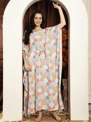 Multi Geometric Printed Viscose Rayon kaftan Maxi Nightdress-s