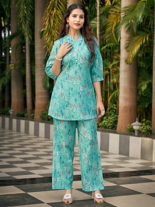 Teal Blue Rayon Blend V-Neck Co-Ord Set-S