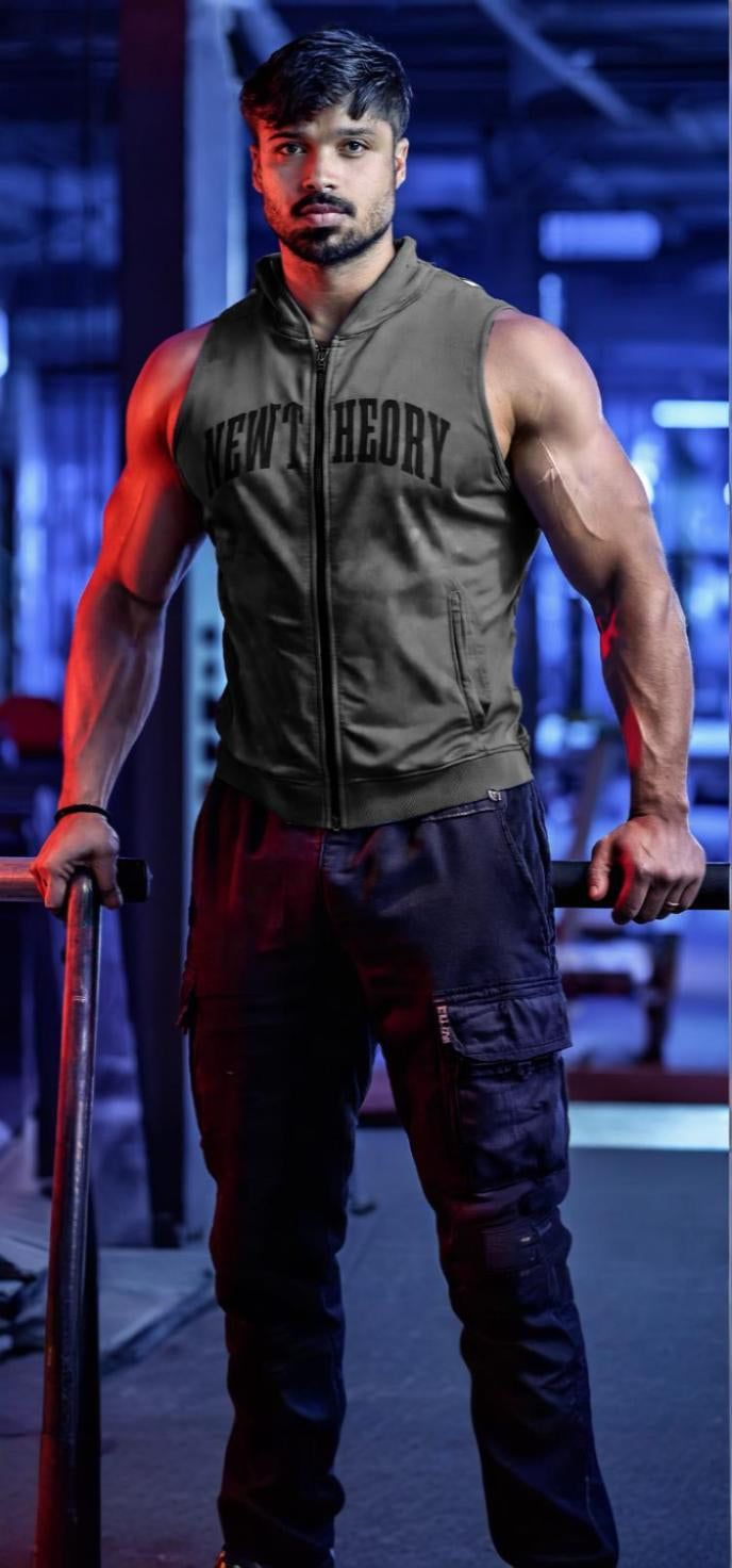 Muscle Up- Washed Sleeveless Zip Hoodie -Dark Grey & Impact Cargo - Black-S