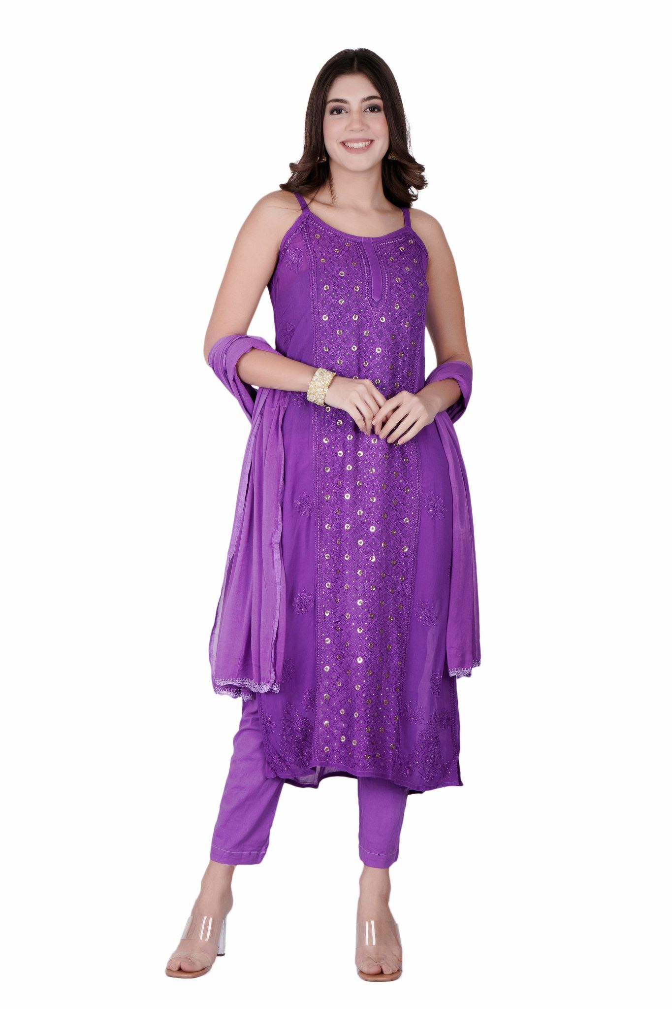 The Chikankari Story Purple Viscose Chikankari Kurta Set with Bakhya Work & Ring Mukaish with  Dupatta - Lucknowi Kurta and Pant Ensemble-S