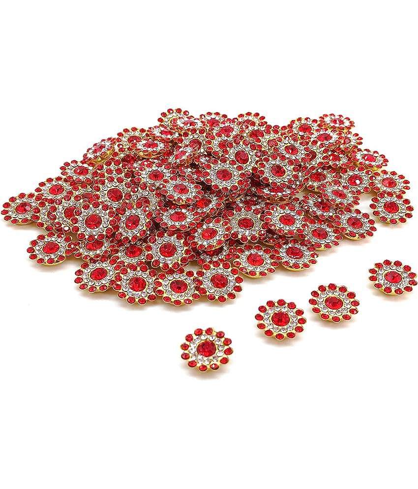 PRANSUNITA 90 Pcs Zarkan Flower Shape Claw Cup Sew on Rhinestone Crystal Glass Beads Buttons Stones for Jewellery Making, Dress Decoration, Crafts & Embroidery Works, Belt and Shoes – Size 14 mm – Colour - Red