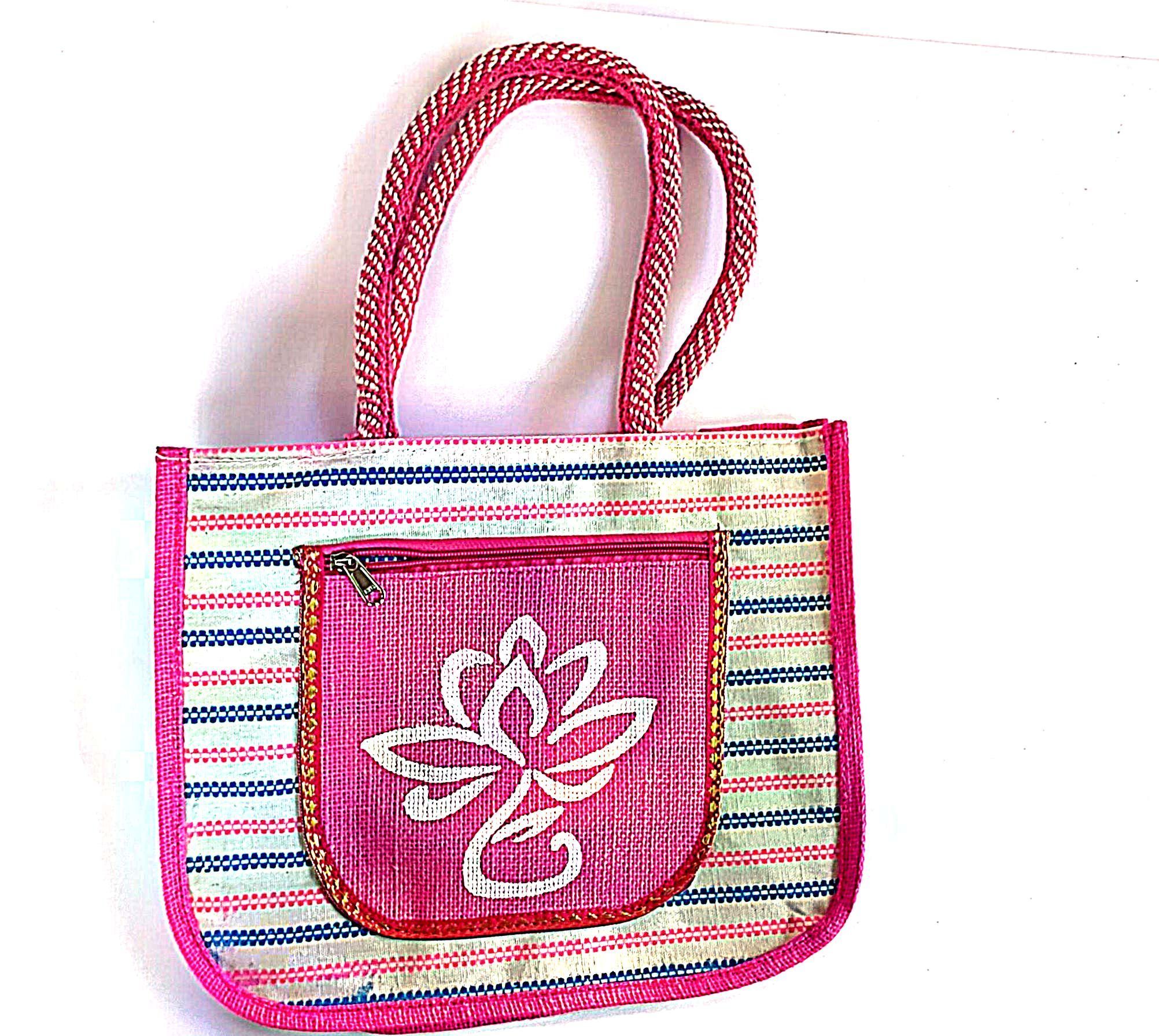 Small Striped Jute Bag with Pink Lotus Applique