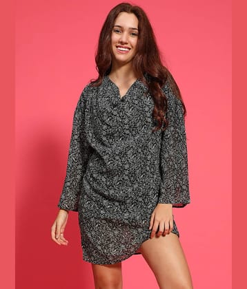 Oxolloxo Women Polyester Printed Fit & Flare Dress ( Black )