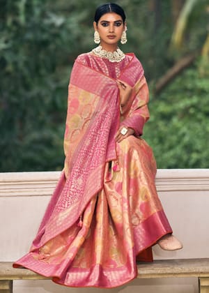 Beige And Peach Woven Banarasi Organza Silk Saree