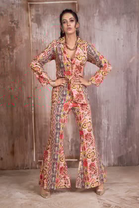 Beige and orange print blazer with boot cut pant-2XL