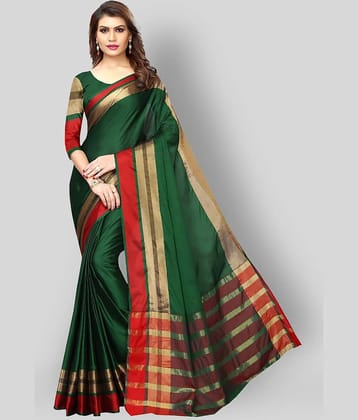NightBlue Cotton Silk Saree With Unstitched Blouse Piece ( Green )