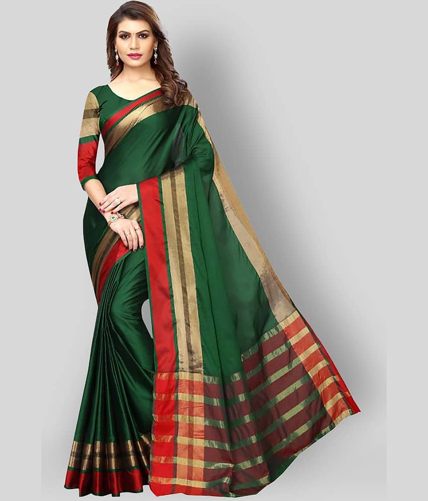 NightBlue Cotton Silk Saree With Unstitched Blouse Piece ( Green )
