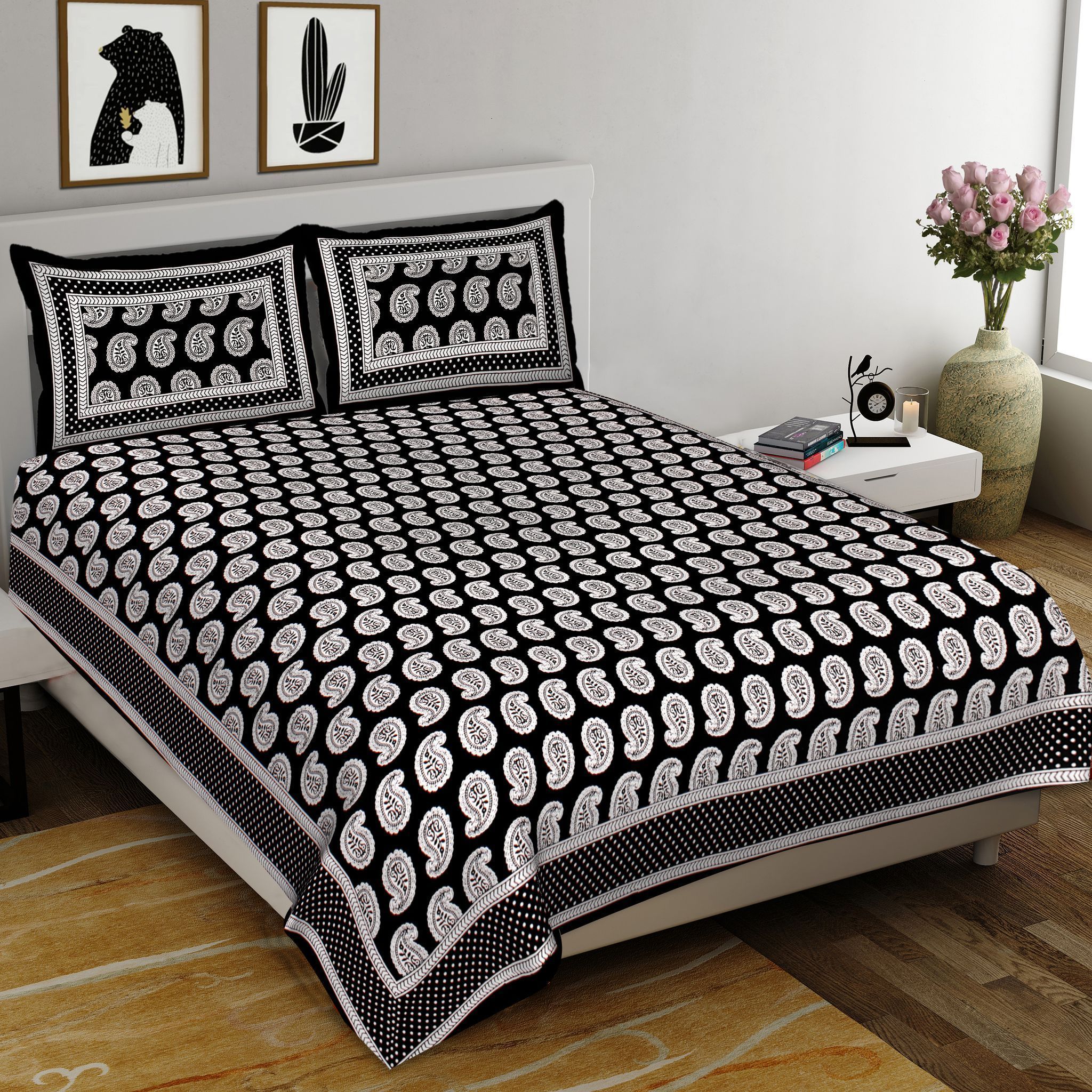 3001-Hometrade India-Standard King Size (90*108 Inches)-Buy Pure Cotton Jaipuri Printed Flat King Size Double Bedsheet With 2 Matching Pillow Cover