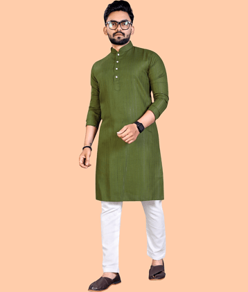 YUG ART - Olive Green Cotton Regular Fit Men's Kurta Pyjama Set ( Pack of 1 )