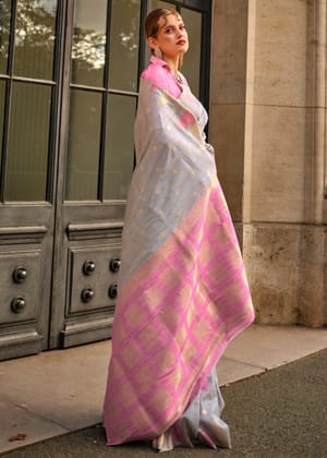 Pearl Grey Woven Banarasi Khaddi Silk Saree