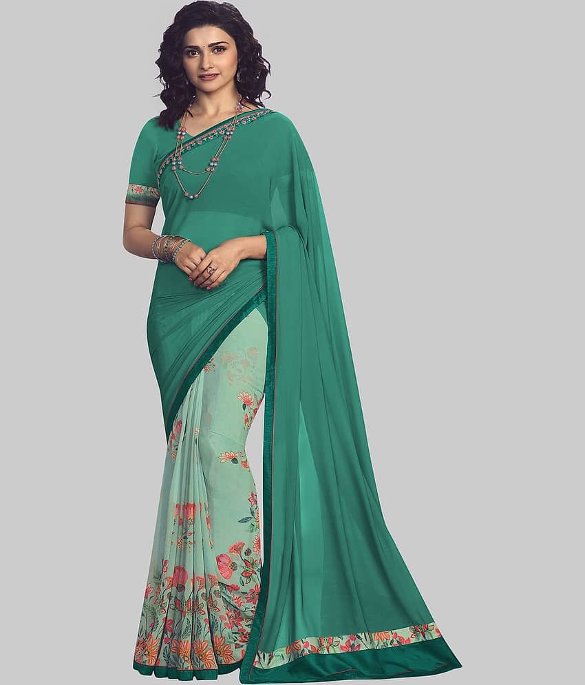 Gazal Fashions Chiffon Printed Saree With Unstitched Blouse Piece ( Green )