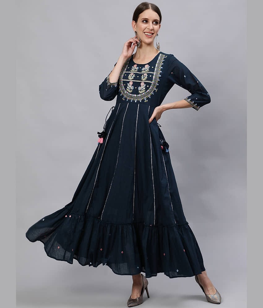 Ishin - Navy Blue Cotton Women's Anarkali Kurti ( Pack of 1 )