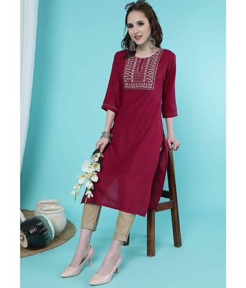 TRAHIMAM Cotton Blend Embroidered Kurti With Pants Women's Stitched Salwar Suit - Maroon ( Pack of 1 )