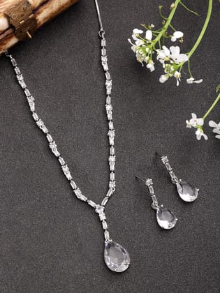 NVR Women's Silver-Plated White American Diamond-Studded Handcrafted Jewellery Set-One Size / White / Brass