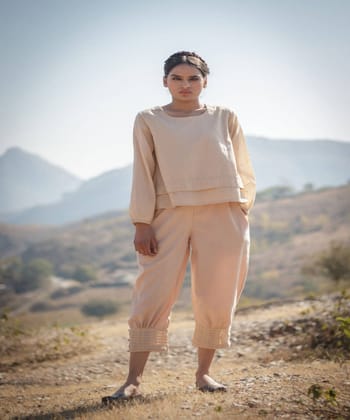 Beige balloon sleeve handcrafted cotton layered top