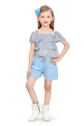 Be:Kids Summer Floral Cold-Shoulder Top and Blue Shorts Set for Girls Be:Kids Summer Floral Cold-Shoulder Top and Blue Shorts Set for Girls