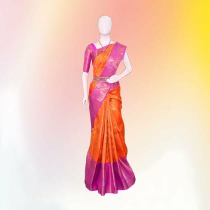 Traditional Orange and Pink Pattu Silk Saree | Rich Zari Border | Festive & Wedding Wear