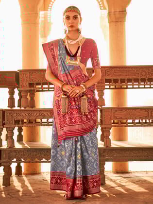 Grey Gold Printed Patola Silk Saree