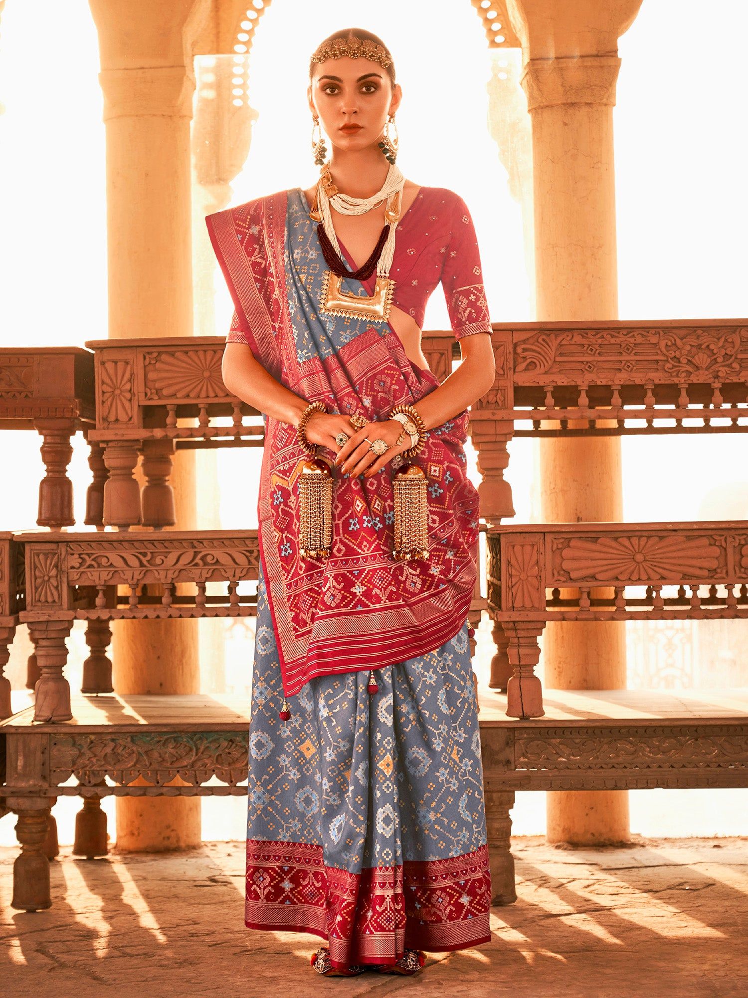 Grey Gold Printed Patola Silk Saree