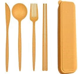 5 pc wheat straw Spoons and Forks Set Portable Reusable with Case for Lunch Box Picnic Travel-Yellow