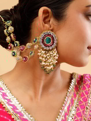 Falguni Green Earrings With Double Layer Earchains