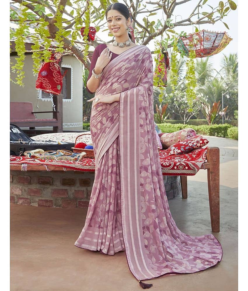 Samah Chiffon Printed Saree With Unstitched Blouse Piece ( Pink )