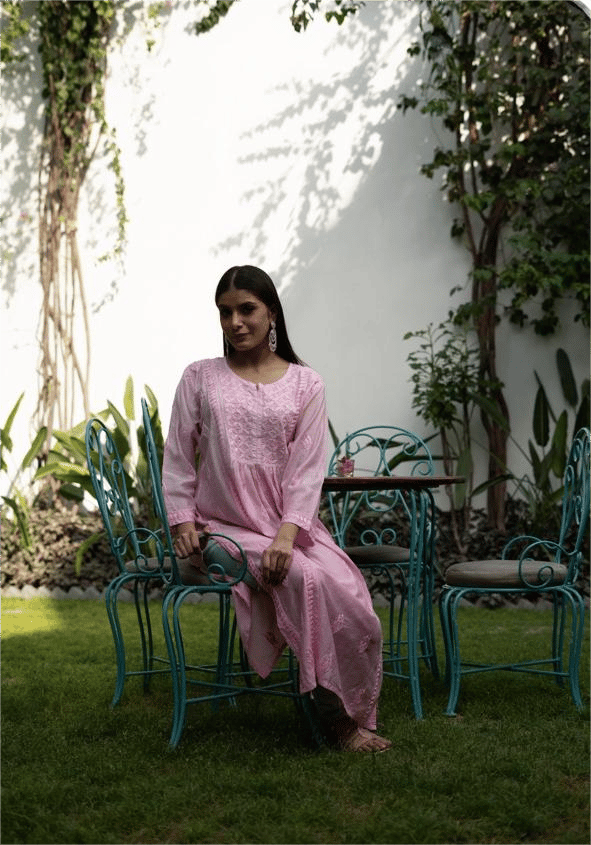 Nyra cut muslin silk Chikankari kurta