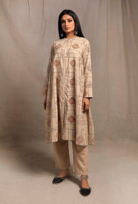 Ecru Hand block Printed Bust-side Gathered Tunic Dress-S