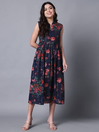 Navy Flower Dress-S / Blue