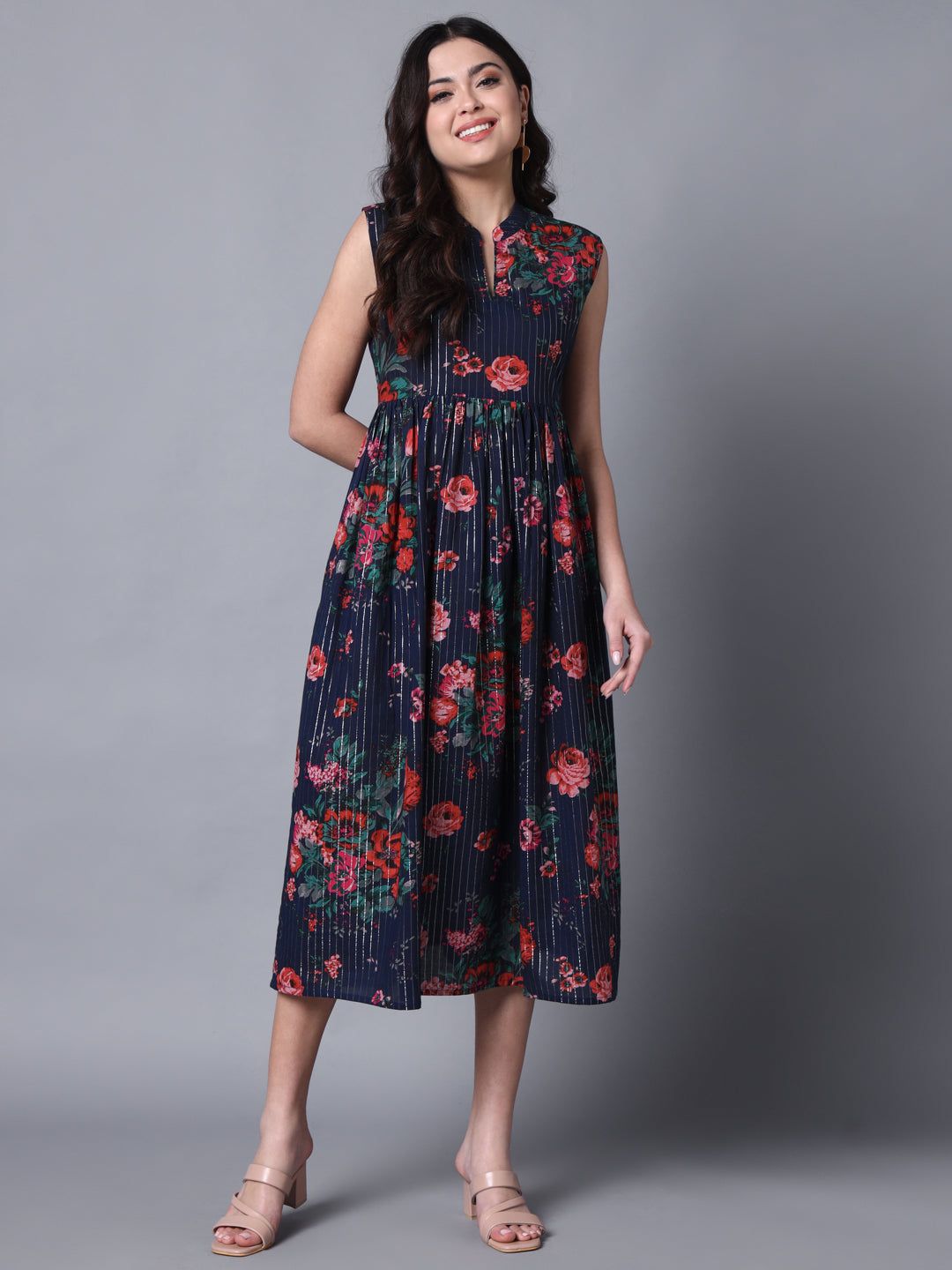 Navy Flower Dress-S / Blue