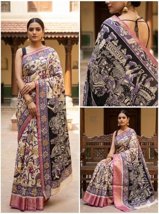 Kalamkari Silk Saree with Mythological Procession Motif