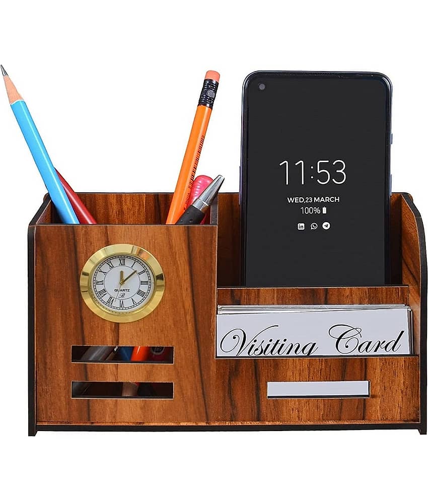 RAVARIYA GRAPHICS Pen Stand With Clock, Business Visiting Card & Mobile Holder | Multipurpose Wooden Desk Organizer Pen And Pencil Holder Stand For Office Desk And Study Table (4 In 1)