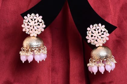 Gold Finish Pearls Jumka-Light Pink