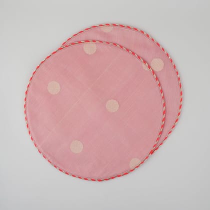 Chanderi Handwoven Mat Set of 2 - Round (Pink)-Pastel Pink