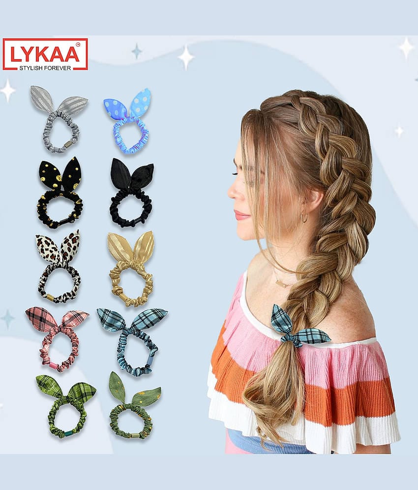 Lykaa Colorful Printed Rabbit Ear Hair Tie Rubber Bands Style Ponytail Holder Scrunchies - 10 Pcs