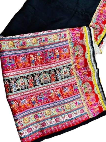 Tulip Rajwadi Traditional Saree, Multicolour Rajasthani Motif Design, Black Base