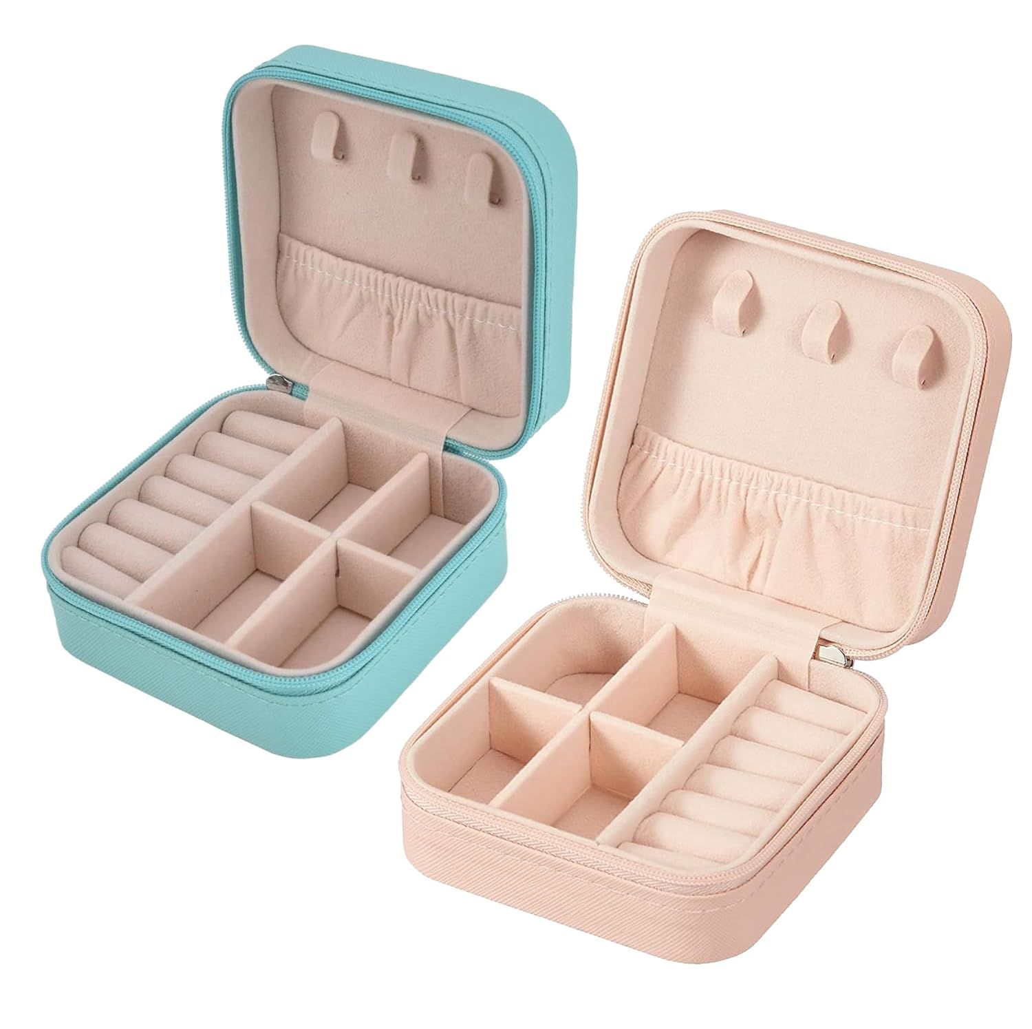 Houme Portable Jewellery Organiser with Dividers & Container for Rings, Earrings, Necklace - Pack of 2-Pink + Cyan