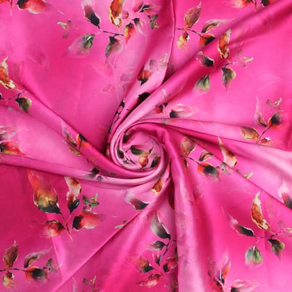 Tiny Silver Leaves With Pink Background Digital Printed Fabric - Japan Satin-Polyester / Japan Satin / 110 CM | 43 Inch