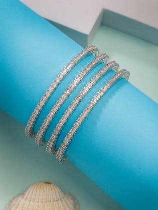 NVR Women's Set of 4 Silver-Plated Cubic Zirconia Stone Studded Bangles-2.4 / Silver / Brass