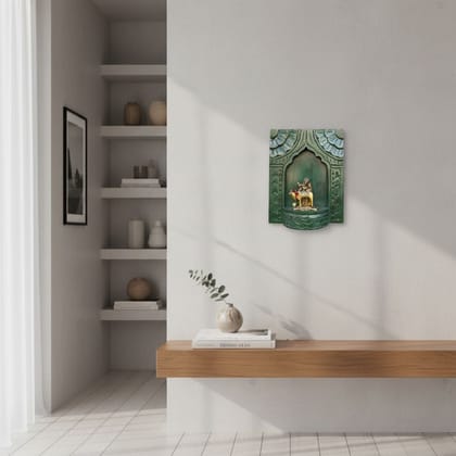 VMAntique Decor Handicraft Carved Pooja-Stand Jharokha, Wall Hanging God-Statue Stand,Wooden Wall-Jharokha In Green-Background, Pooja-Room Decors Jharokha